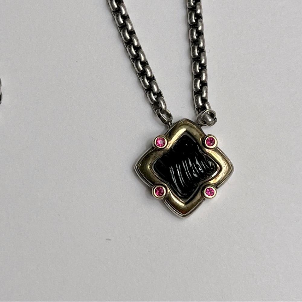 Vintage David Yurman Onyx Tourmaline 925 Sterling 18k YG Quatrefoil 16” Necklace